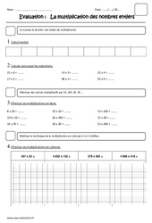 Multiplication des nombres entiers - Examen Evaluation : 5eme Primaire - PDF à imprimer