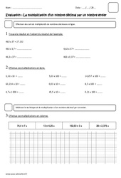 Multiplication d'un nombre décimal par un nombre entier - Examen Evaluation : 5eme Primaire - PDF à imprimer