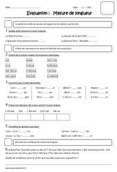 Mesure de longueurs - Examen Evaluation - Longueur cm, m, km : 5eme Primaire - PDF à imprimer