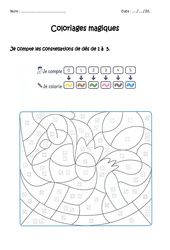 Dénombrer des constellations de 1 à 5 - Coloriage magique  : 1ere Primaire - PDF à imprimer