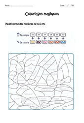 Additionner des nombres de 10 à 79 - Coloriage magique  : 1ere, 2eme Primaire - PDF à imprimer