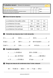 Mesures de contenances - Examen Evaluation, bilan : 4eme Primaire - PDF à imprimer