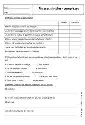Phrase complexe - Phrase simple - Exercices : 6eme Primaire - PDF à imprimer