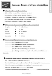 Les noms de sens générique et spécifique - Exercices, révisions : 4eme Primaire - PDF à imprimer