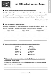 Les différents niveaux de langue - Exercices, révisions : 4eme Primaire - PDF à imprimer