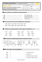Les nombres entiers de 0 à 9 999 - Examen Evaluation bilan : 3eme Primaire - PDF à imprimer