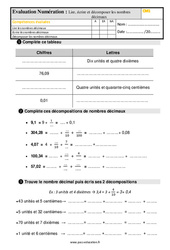 Lire, écrire et décomposer des nombres décimaux - Examen Evaluation : 4eme Primaire - PDF à imprimer