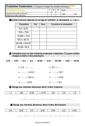 Comparer et ranger des nombres décimaux - Examen Evaluation : 4eme Primaire - PDF à imprimer