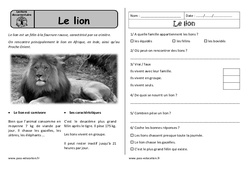 Le lion - Lecture documentaire - Compréhension : 1ere Primaire - PDF à imprimer