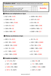 Multiplier et diviser des nombres décimaux par 10 ,100,1 000 - Évaluation, bilan : 5eme Primaire - PDF à imprimer