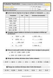 Comparer et ranger des nombres décimaux - Examen Evaluation avec la correction : 5eme Primaire