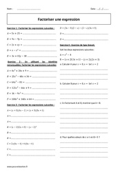 Factoriser une expression - Exercices corrigés : 3eme Secondaire - PDF à imprimer