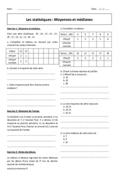 Moyennes et médianes - Exercices sur  les statistiques : 3eme Secondaire - PDF à imprimer