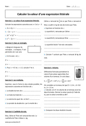 Expression littérale - Calculer la valeur - Exercices  : 2eme Secondaire - PDF à imprimer