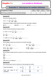 Décomposer les nombres décimaux - Examen Evaluation, bilan, contrôle avec la correction : 6eme Primaire