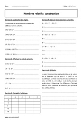 Soustraction des nombres relatifs - Exercices avec correction : 1ere Secondaire - PDF à imprimer