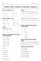 Nombres relatifs - Exercices - Fiches utilisation, comparaison, rangement : 1ere Secondaire - PDF à imprimer
