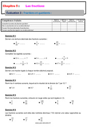 Fractions et quotients - Examen Evaluation, bilan, contrôle avec la correction - Les fractions : 6eme Primaire