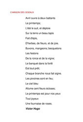 Chanson des oiseaux de Victor Hugo - Poésie animaux - Fiches    : 3eme, 4eme, 5eme Primaire