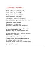Le corbeau et le renard de Jean de la Fontaine - Poésie animaux - Fiches    : 3eme, 4eme, 5eme Primaire - PDF à imprimer