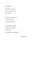 Nos animaux de Virginie Fournier - Poésie animaux - Fiches    : 3eme, 4eme, 5eme Primaire - PDF à imprimer