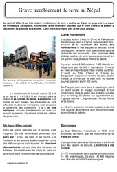 Grave tremblement de terre au Népal le 25 avril 2015 - Lecture documentaire : 4eme, 5eme Primaire - PDF à imprimer