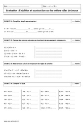 Addition et soustraction des décimaux et entiers - Examen Contrôle : 6eme Primaire - PDF à imprimer