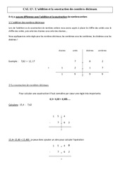 Addition et la soustraction des nombres décimaux - Cours, Leçon - Calculs : 4eme, 5eme Primaire - PDF gratuit à imprimer
