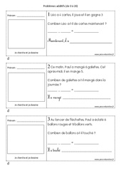 Problèmes additifs  de 0 à 20 - Exercices : 1ere Primaire - PDF à imprimer
