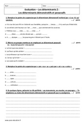 Déterminants démonstratifs et possessifs - Examen Contrôle  : 6eme Primaire - PDF à imprimer