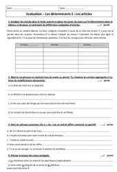 Articles - Déterminants - Examen Contrôle à imprimer : 6eme Primaire
