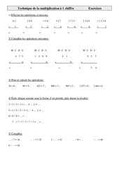 Technique de la multiplication à 1 chiffre - Exercices - Calculs : 4eme Primaire - PDF à imprimer