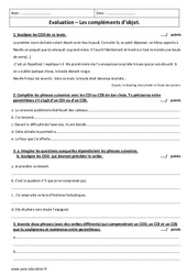 Compléments d'objet - Examen Evaluation - COD - COI - COS : 6eme Primaire - PDF à imprimer