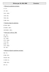 Diviser par 10, 100, 1000 - Exercices - Calculs - Mathématiques : 4eme Primaire - PDF à imprimer