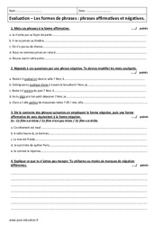 Formes de phrases - Examen Evaluation  : 6eme Primaire - PDF à imprimer