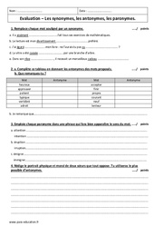Synonymes, antonymes, paronymes - Examen Evaluation : 6eme Primaire
