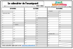 Calendrier de l'enseignant  2024 - 2025 - Zone A - B - C : Primaire - Cycle Fondamental - PDF à imprimer