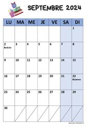 Calendrier perpétuel illustré par mois zone A - B et C - 2024 - 2025 : Primaire - Cycle Fondamental - PDF à imprimer