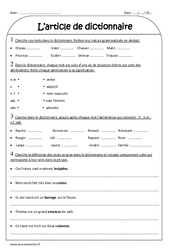 Article de dictionnaire - Exercices  : 3eme Primaire - PDF à imprimer
