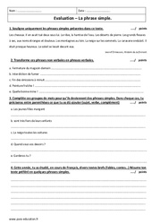 Phrase simple - Examen Evaluation à imprimer : 6eme Primaire