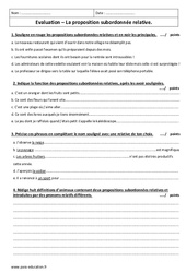 Proposition subordonnée relative - Examen Evaluation  : 1ere Secondaire - PDF à imprimer