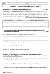 Propositions subordonnées relatives - Examen Contrôle avec le corrigé : 1ere Secondaire - PDF à imprimer