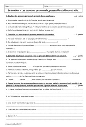 Pronoms personnels, possessifs et démonstratifs - Examen Evaluation : 1ere Secondaire - PDF à imprimer