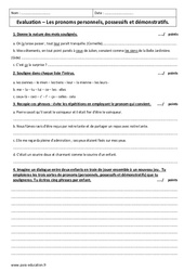 Personnels, possessifs et démonstratifs - Examen Contrôle sur les pronoms : 1ere Secondaire - PDF à imprimer
