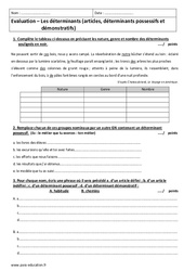 Déterminants - Examen Evaluation  : 1ere Secondaire - PDF à imprimer