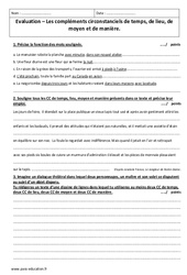 Compléments circonstanciels de temps, de lieu, de moyen et de manière - Examen Evaluation : 1ere Secondaire - PDF à imprimer