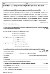 Direct, indirect et second - Examen Contrôle sur les compléments d’objet : 1ere Secondaire - PDF à imprimer