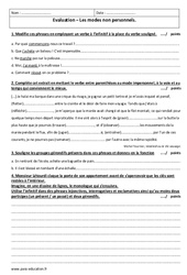 Modes non personnels - Examen Contrôle avec le corrigé : 1ere Secondaire - PDF à imprimer