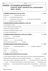 Homophones grammaticaux - Examen Evaluation : 1ere Secondaire - PDF à imprimer