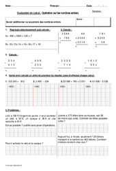 Additionner ou soustraire des nombres entiers - Bilan avec le corrigé : 5eme Primaire - PDF à imprimer